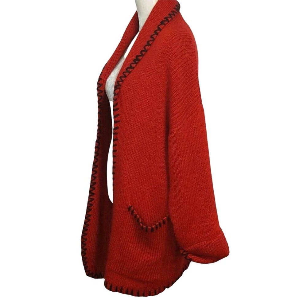 Womens Vintage Longline‎ Open Cardigan Sweater Heavy Mohair Acrylic Fuzzy Red
